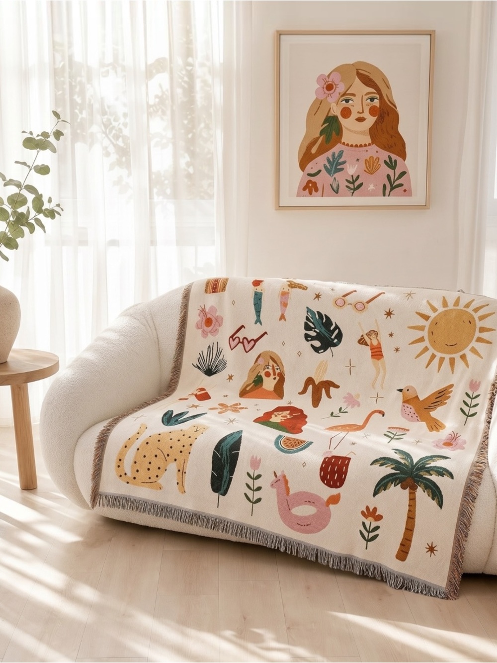 NEW Anthropologie Boho Abstract Tassel Throw Blanket Bedspread Quilt - 63" x 50"